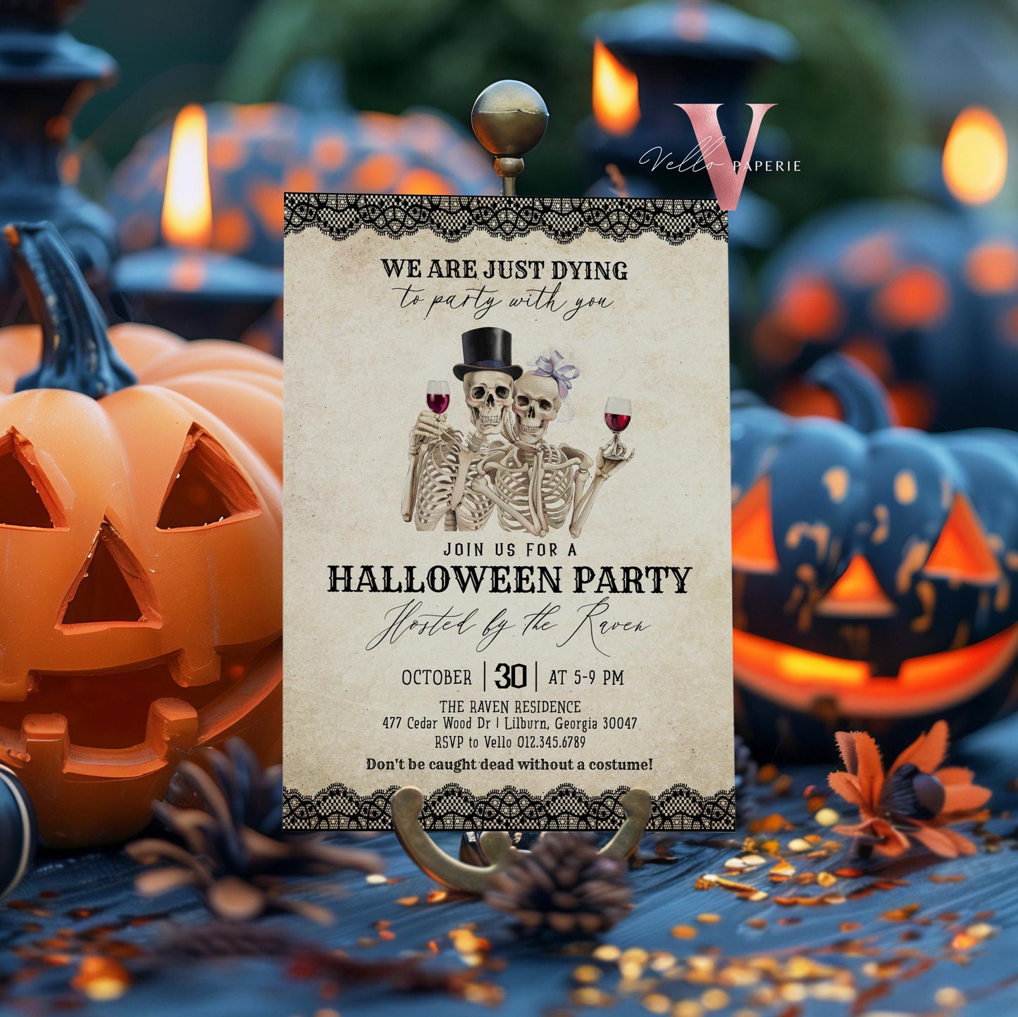 Editable Modern Vintage Halloween Invitation | We re DYING to party with you Halloween Party Invite | Antique Adults Costume Party AHP01
