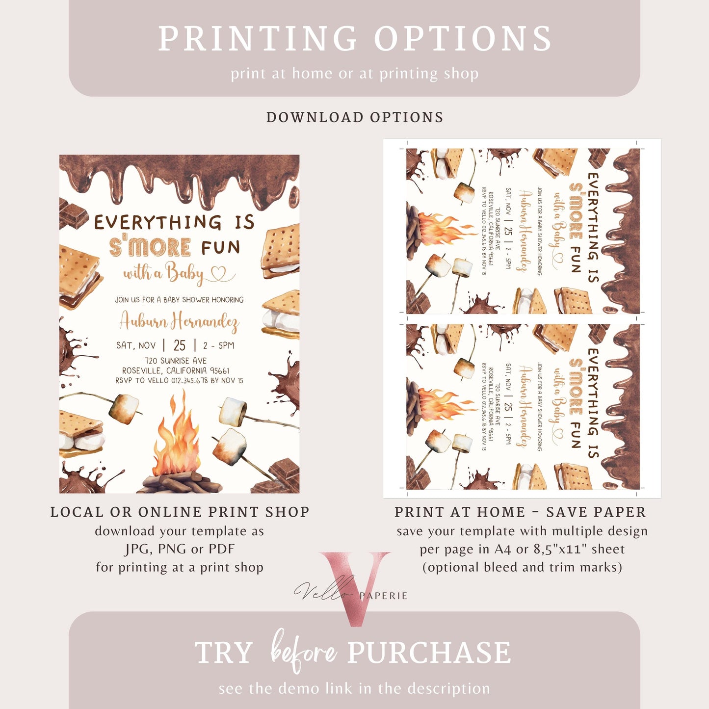Editable S'mores Baby Shower Invitation | FALL Camping Bonfire Baby Shower | Campire Smore Fun with Baby Party | Autumn Couple Shower SBS01