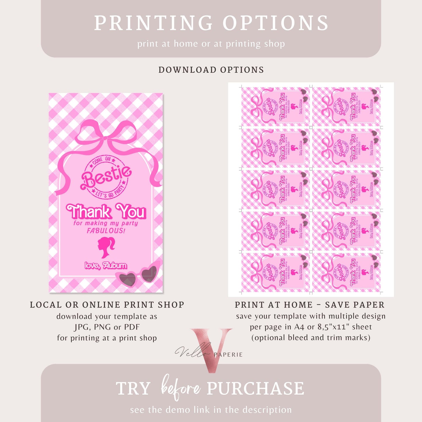 Editable "Bestie" Pink Fashion Doll Birthday FAVOR TAG | Cute Pink Fashion Party Thankyou Card | Pink Gingham Come On Lets Go Party PD28