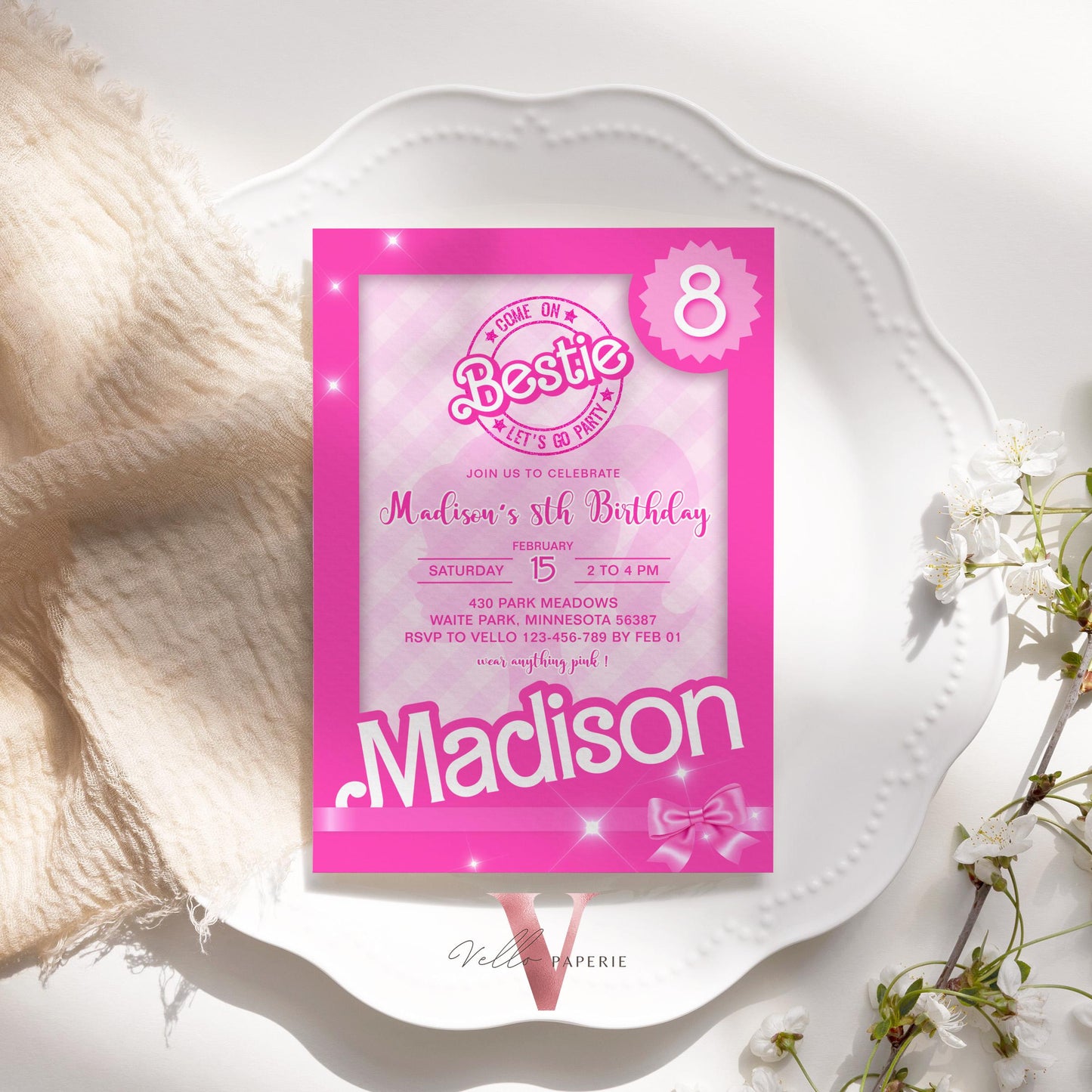 Editable "Bestie" Pink Sparkle Fashion Doll Box Birthday Invitation | Pink Fashion Doll Come On Lets Go Party Invite Instant Template PD29