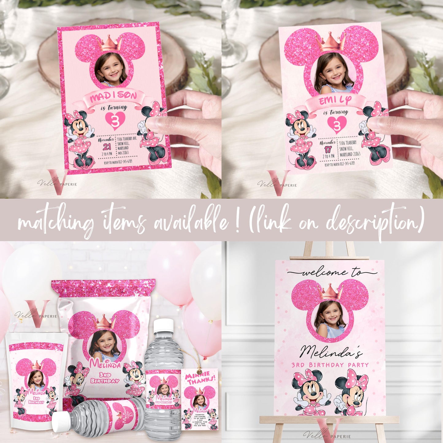 Self Editable Photo Minnie Mouse Birthday Party Favors | Glitter Pink Polkadot Minnie Party Water Bottle Label, Party Decor MMB03
