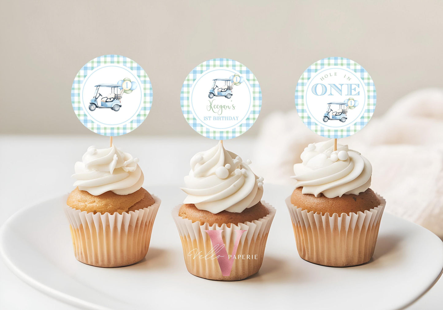 Editable Hole In One Birthday Cupcake Topper | Lets Par-tee Golf Any Age Birthday Par-tee Cake Decor | Golfing Masters Pastel Blue BGB01