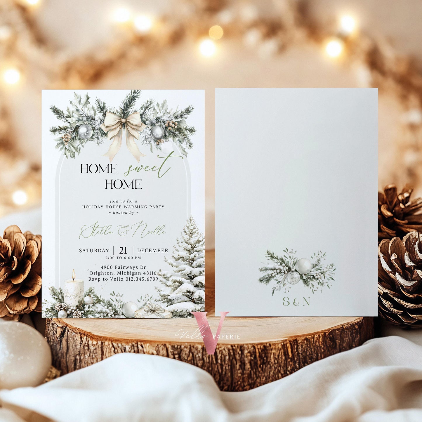 Winter House Warming Invitation | Beige Neutral Home Sweet Home Party Invite | Modern Rustic New House Celebration Christmas Decor WHW01