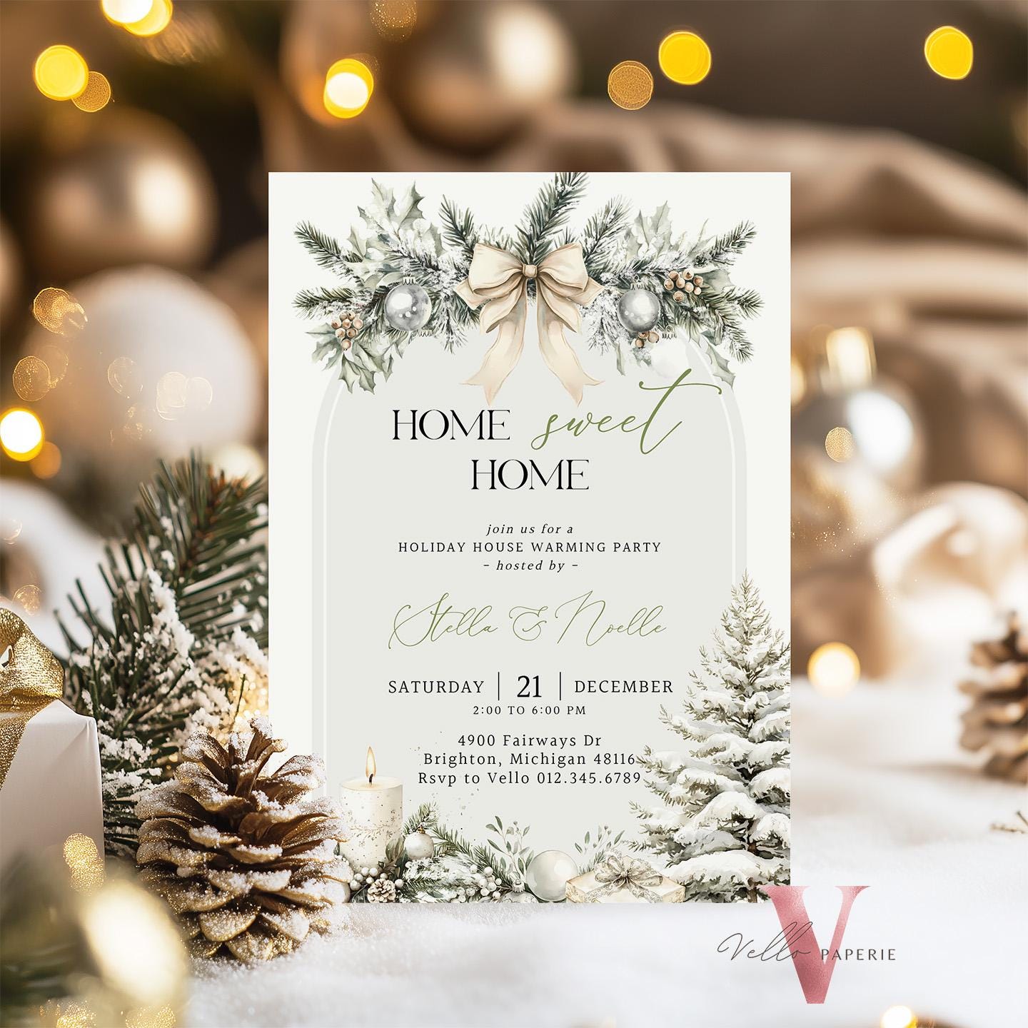 Winter House Warming Invitation | Beige Neutral Home Sweet Home Party Invite | Modern Rustic New House Celebration Christmas Decor WHW01