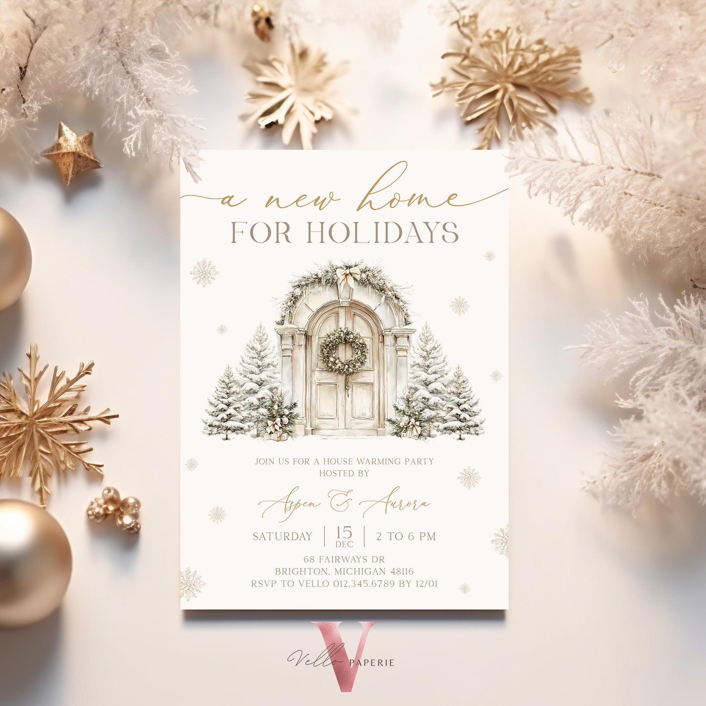 Winter House Warming Invitation | Beige Silver Home Sweet Home Party Invite | Modern or Rustic New House Celebration Christmas Decor WHW01