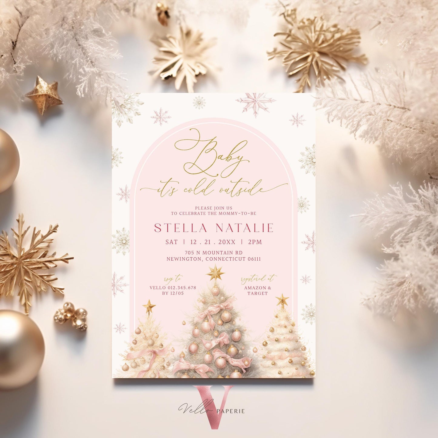 BUNDLE Blush Pink Baby It's Cold Outside Shower Invitation | Winter Snowflakes Baby Invite | Modern Pink Christmas Tree Baby Shower WBS01