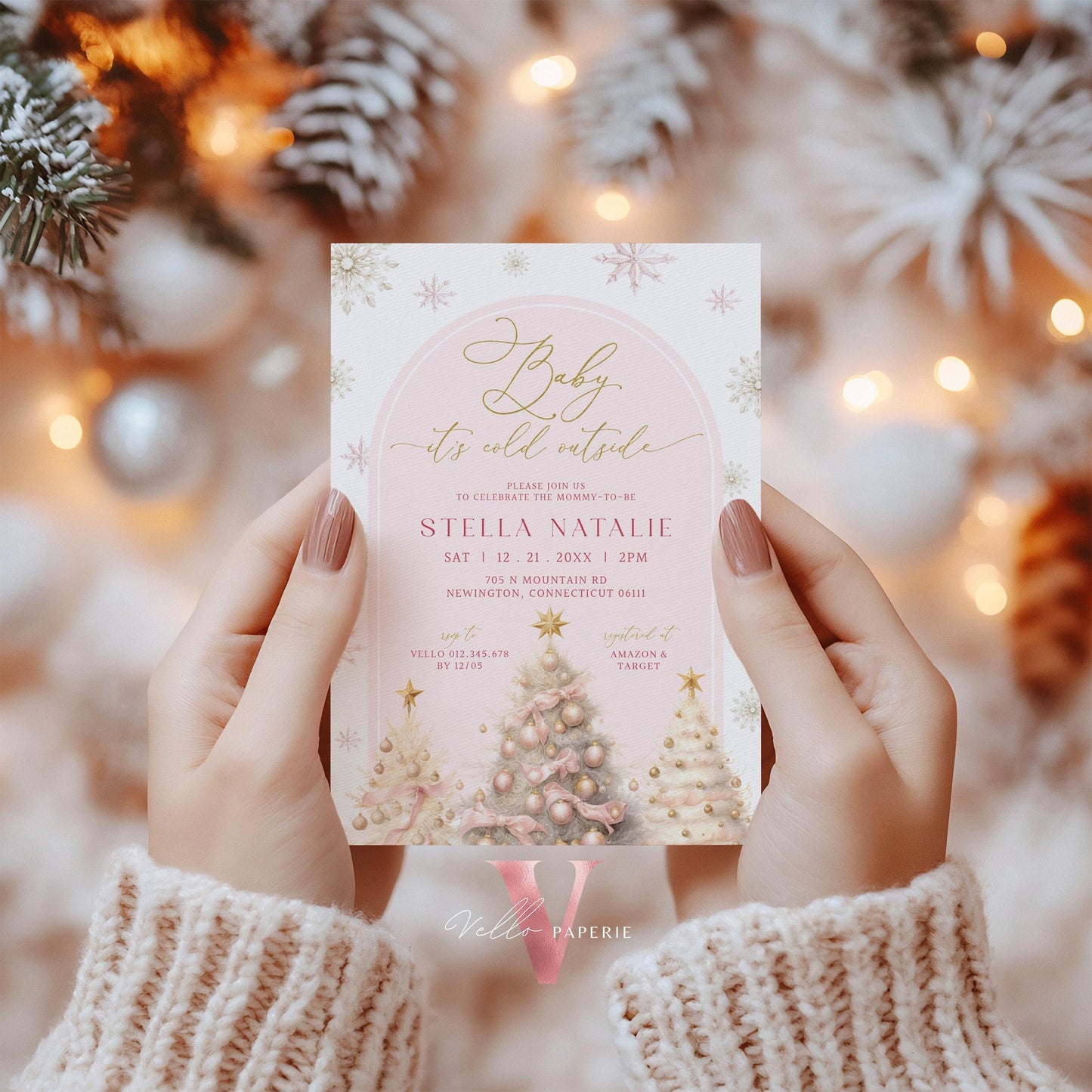 BUNDLE Blush Pink Baby It's Cold Outside Shower Invitation | Winter Snowflakes Baby Invite | Modern Pink Christmas Tree Baby Shower WBS01