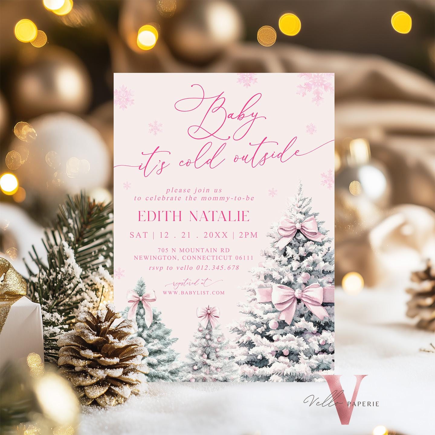 BUNDLE Cute Pink Baby It's Cold Outside Shower Invitation | Winter Snowflakes Baby Invite | Modern Pink Christmas Tree Baby Shower WBS01