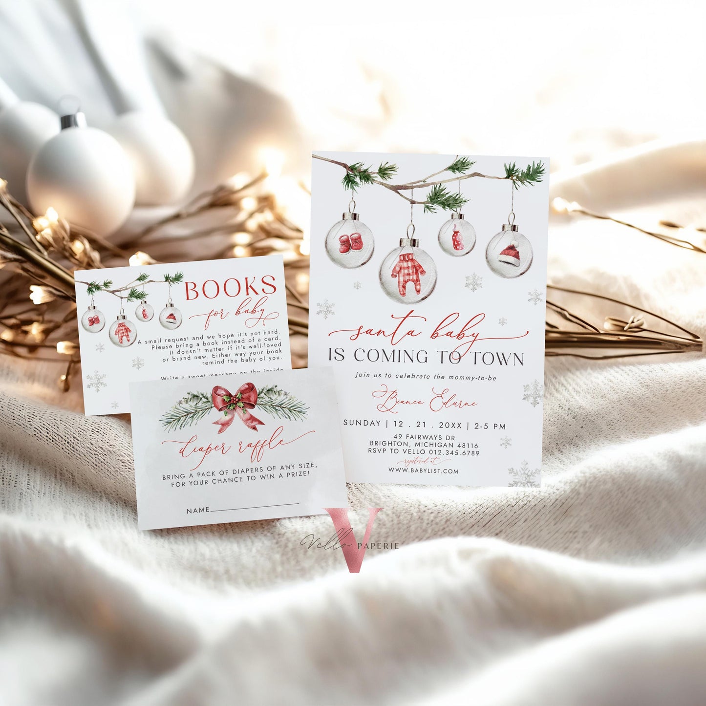 BUNDLE Little Santa is Coming to Town Baby Shower Invitation | Winter Gender Neutral Baby Invite | Modern Red Silver Christmas Glass CWBS01
