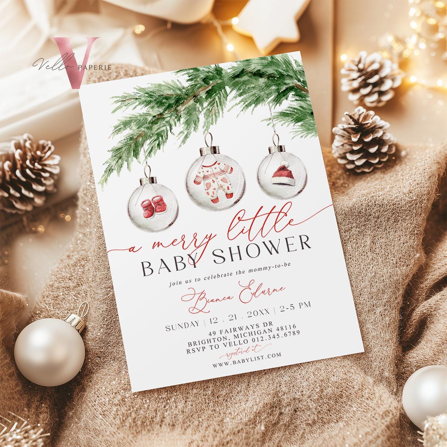 BUNDLE A Merry Little Baby Shower Invitation | Winter Gender Neutral Baby Coming Invite | Modern Red Silver Christmas Ball Glass CWBS01