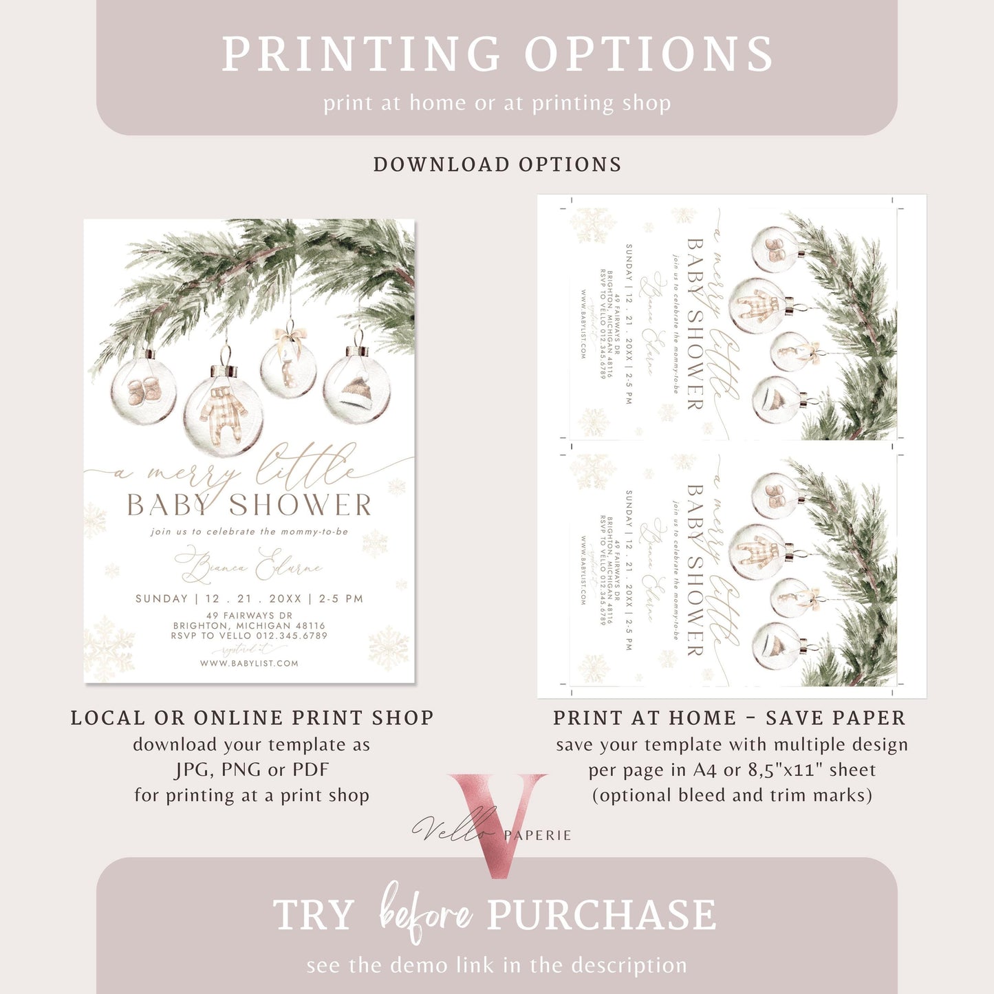 BUNDLE Boho A Merry Little Baby Shower Invitation | Winter Gender Neutral Baby Santa Invite | Modern Beige Silver Christmas Glass CWBS01