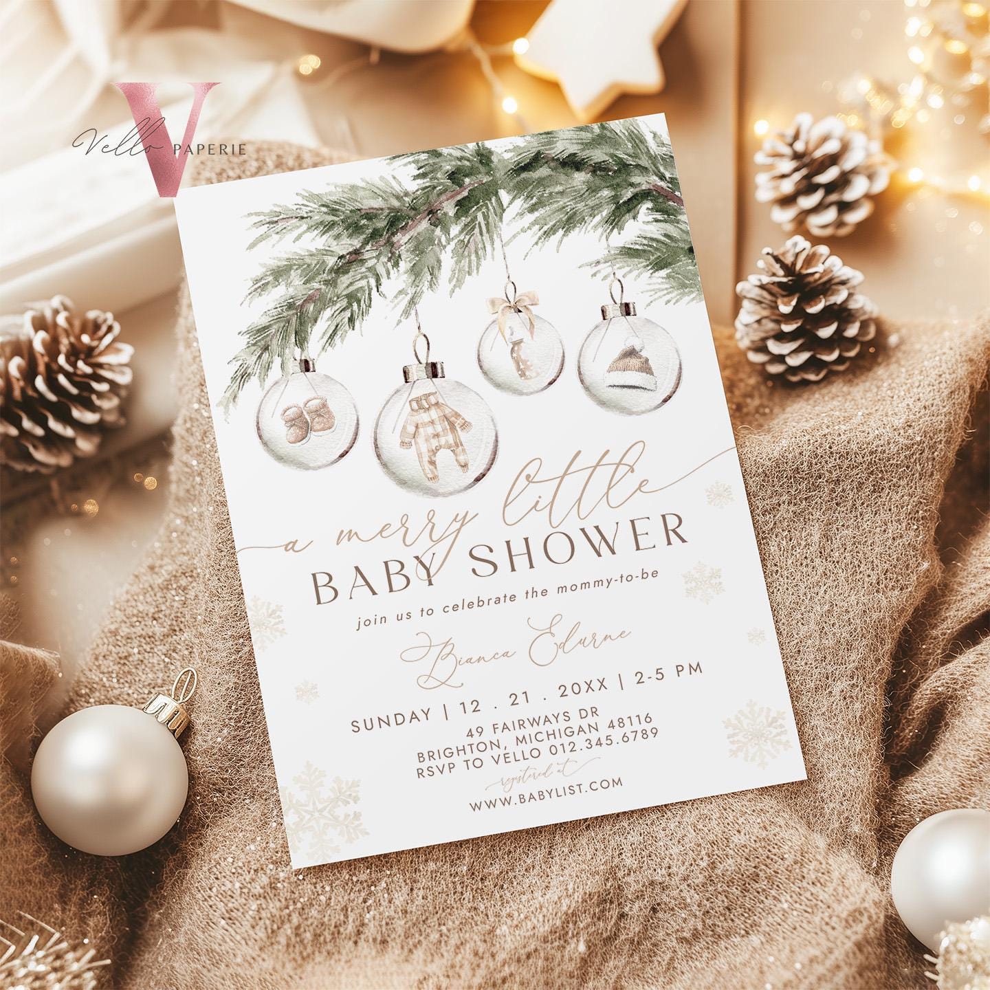 BUNDLE Boho A Merry Little Baby Shower Invitation | Winter Gender Neutral Baby Santa Invite | Modern Beige Silver Christmas Glass CWBS01