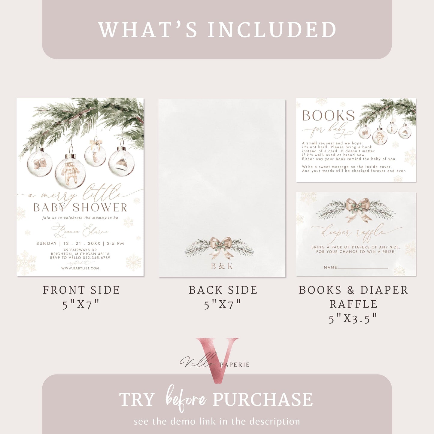BUNDLE Boho A Merry Little Baby Shower Invitation | Winter Gender Neutral Baby Santa Invite | Modern Beige Silver Christmas Glass CWBS01
