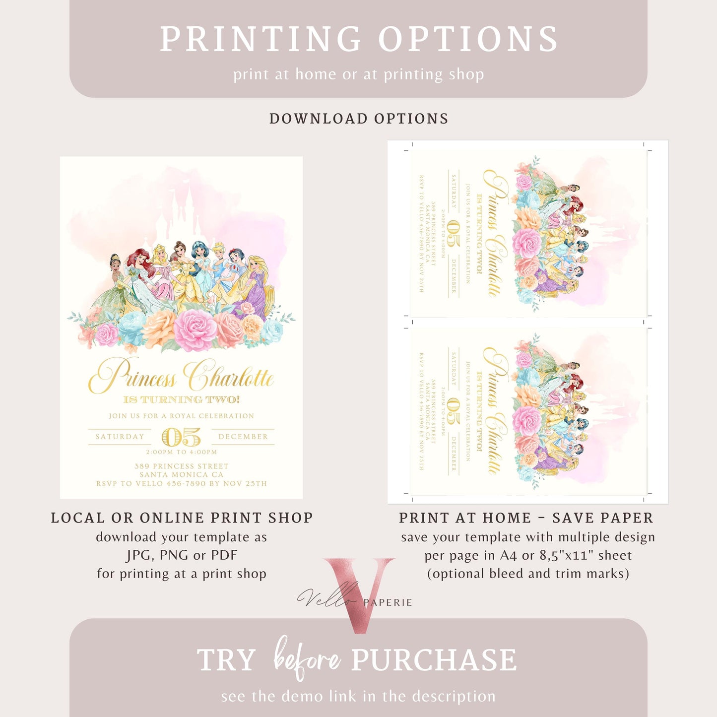 Editable Full Princess Royal Birthday Invitation | Once Upon a Time Birthday Party Girl | Beige Gold Princess Watercolor Invite PB01