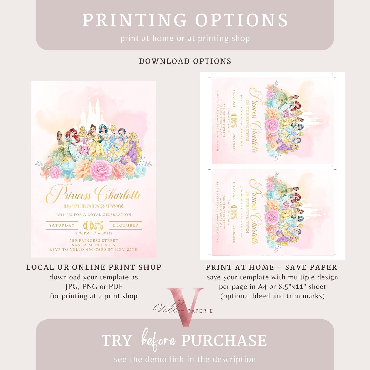 Editable Full Princess Royal Birthday Invitation | Once Upon a Time Birthday Party Girl | Blush Pink Gold Princess Watercolor Invite PB01