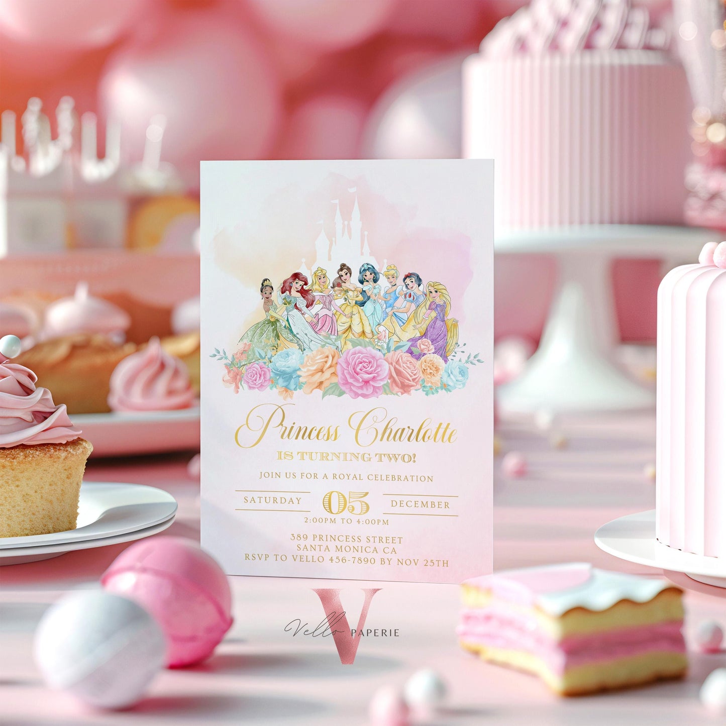 Editable Full Princess Royal Birthday Invitation | Once Upon a Time Birthday Party Girl | Blush Pink Gold Princess Watercolor Invite PB01