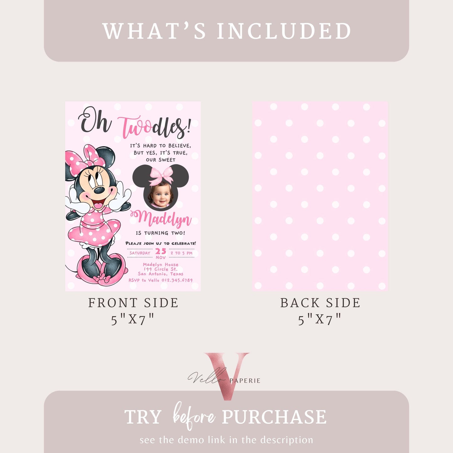 Editable Photo Oh TWOdles Minnie Mouse Birthday Invitation | Cute Light Pink Polka Dot Invite | 2 Years Old Girl 2nd Birthday Instant MMB01