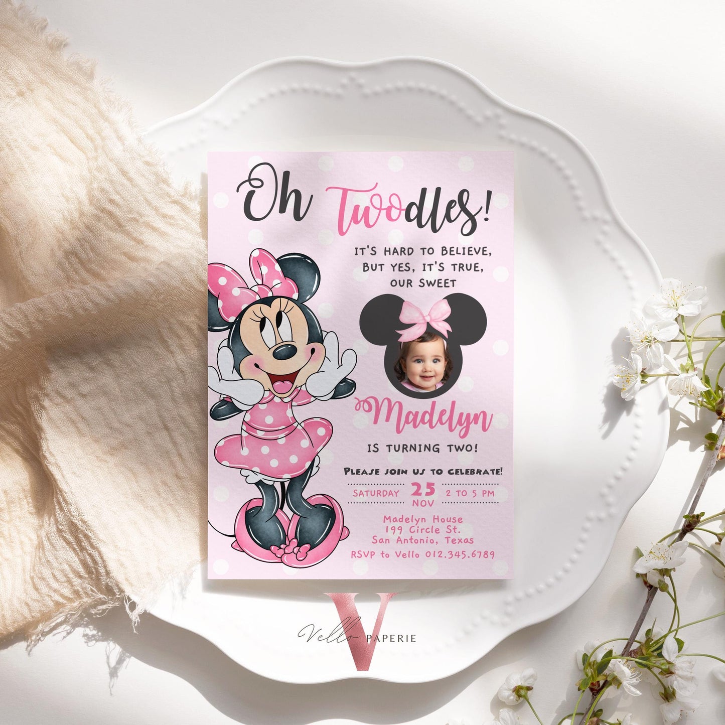 Editable Photo Oh TWOdles Minnie Mouse Birthday Invitation | Cute Light Pink Polka Dot Invite | 2 Years Old Girl 2nd Birthday Instant MMB01
