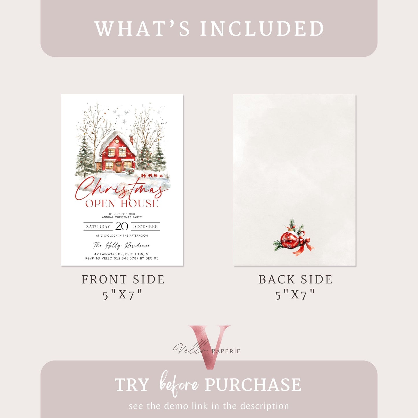 Editable Printable Cozy Christmas Open House Invitation | Neutral Winter Christmas Party Invite | Red Holiday House, Winter Holiday CHP01