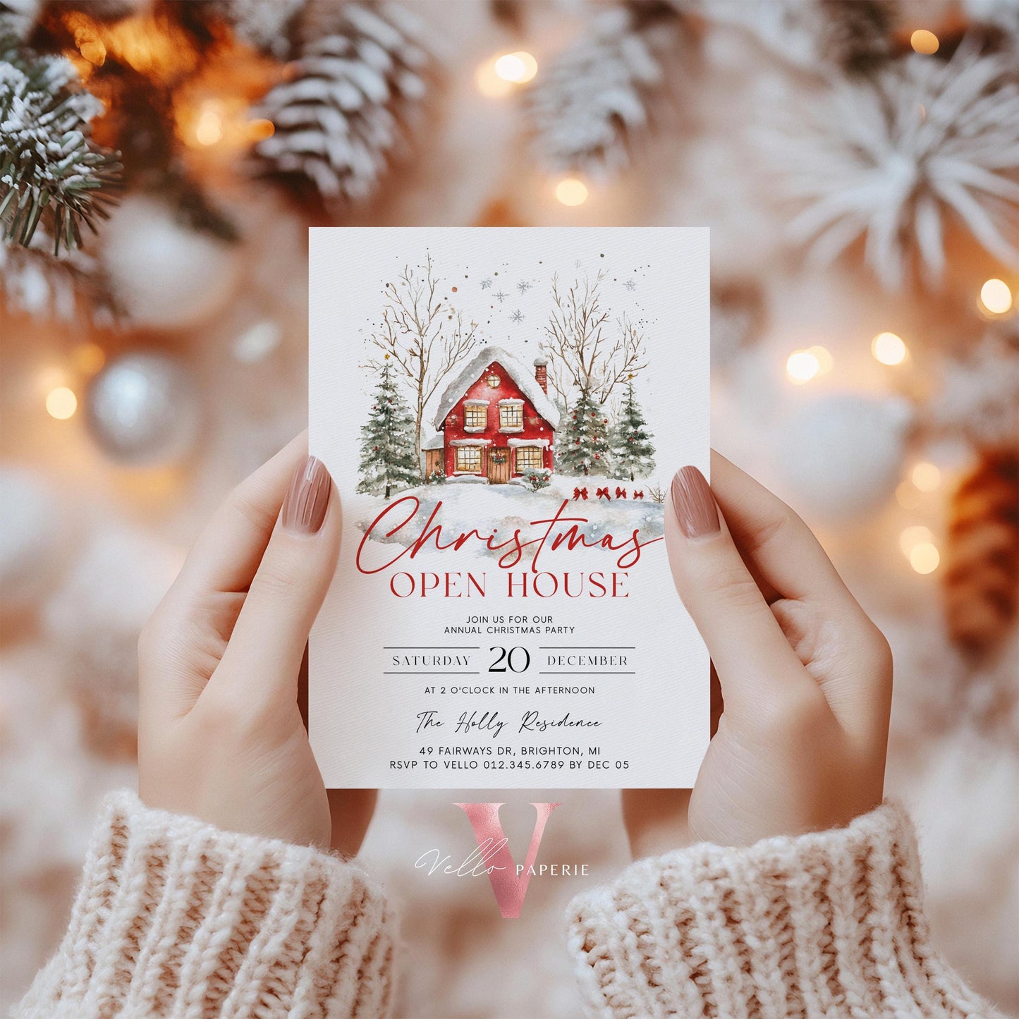 Editable Printable Cozy Christmas Open House Invitation | Neutral Winter Christmas Party Invite | Red Holiday House, Winter Holiday CHP01