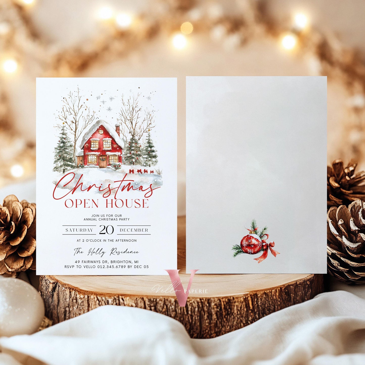 Editable Printable Cozy Christmas Open House Invitation | Neutral Winter Christmas Party Invite | Red Holiday House, Winter Holiday CHP01