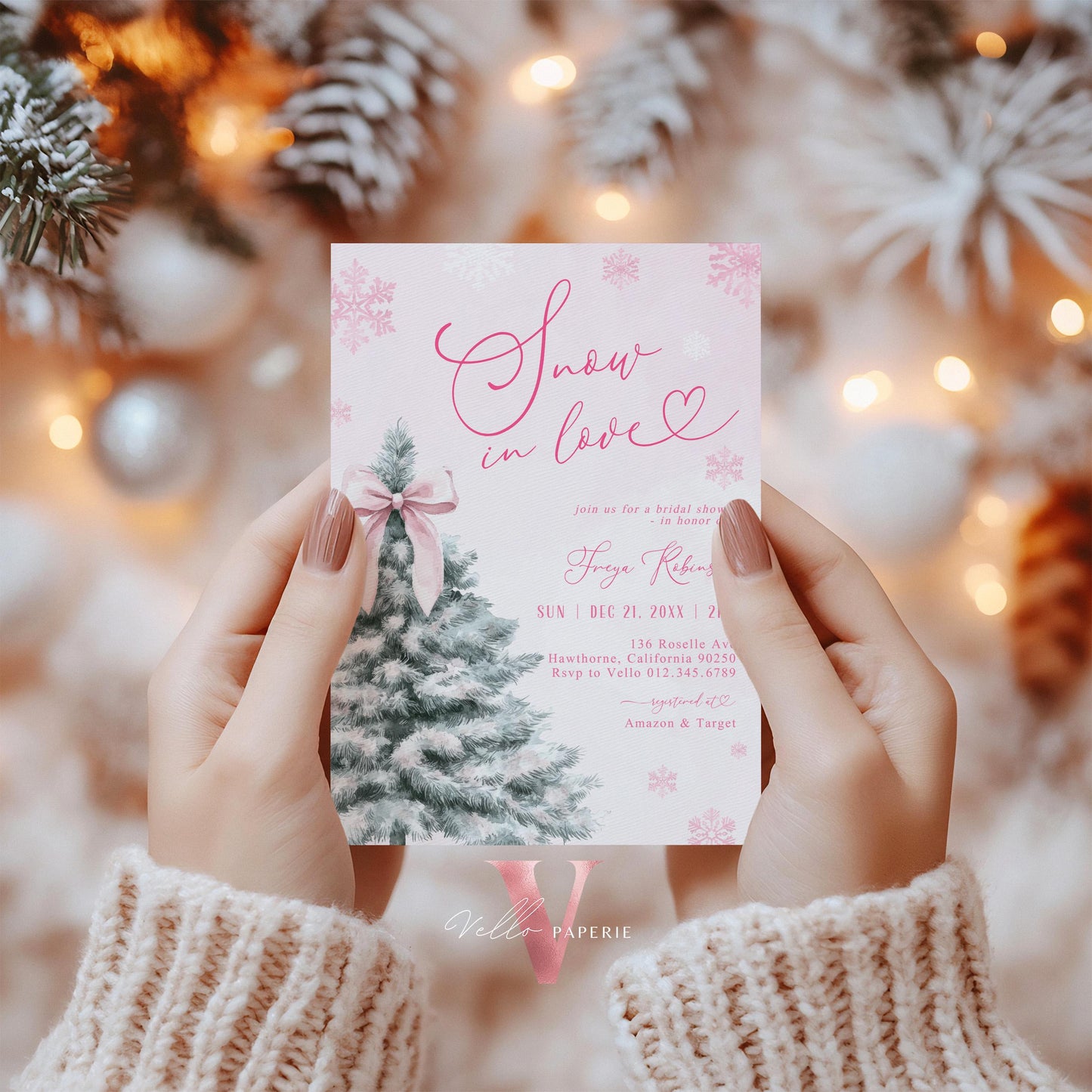 Coquette Pink SNOW in LOVE Bridal Shower Invitation | Winter Snowflakes Pink Christmas Tree Bride to Be, Couple Shower, Wedding Shower WBD01
