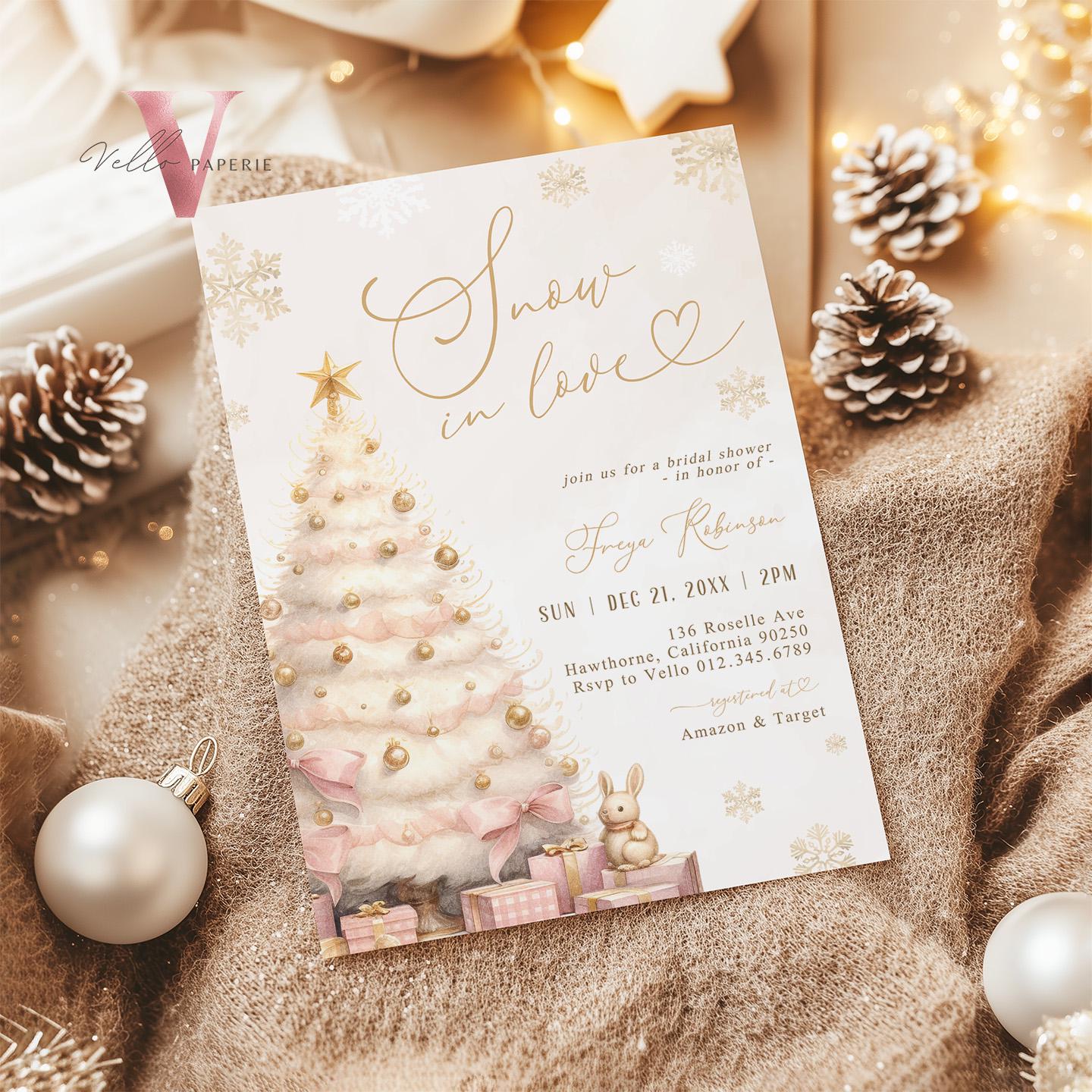 Coquette Blush Pink SNOW in LOVE Bridal Shower Invitation | Winter Snowflakes Gold Christmas Tree Bride to Be, Couple Wedding Shower WBD01