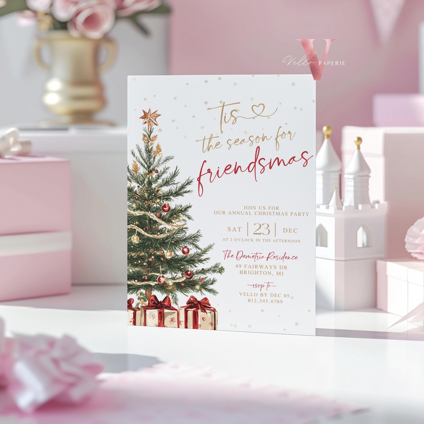 Editable Printable Tis the season for Friendsmas Invitation | Neutral Winter Christmas Party Invite | Red Gold Green Holiday Party CHP01