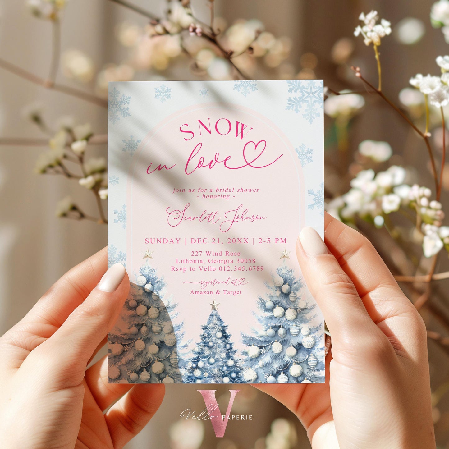 Coquette Blue Pink SNOW in LOVE Bridal Shower Invitation | Winter Snowflakes Christmas Tree Bride to Be, Couple Shower, Wedding Shower WBD01
