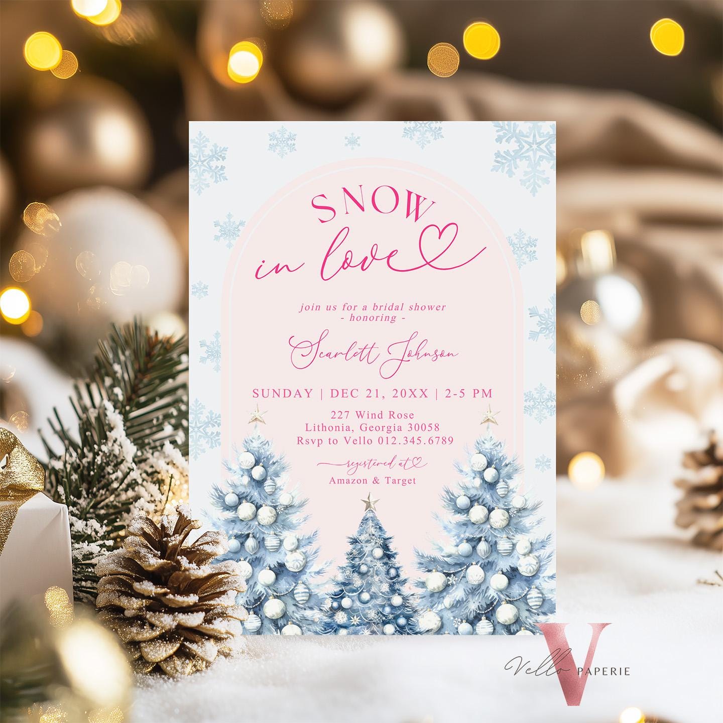 Coquette Blue Pink SNOW in LOVE Bridal Shower Invitation | Winter Snowflakes Christmas Tree Bride to Be, Couple Shower, Wedding Shower WBD01