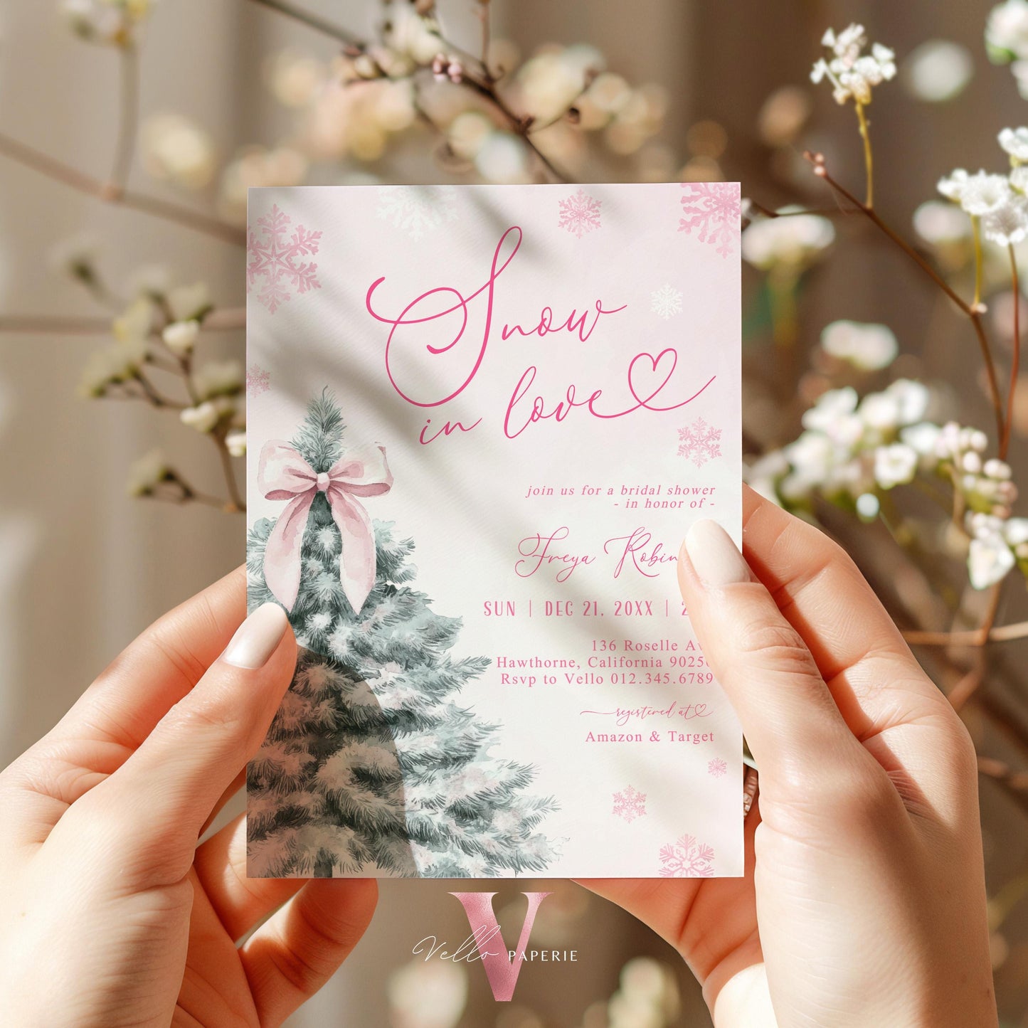 Coquette Pink SNOW in LOVE Bridal Shower Invitation | Winter Snowflakes Pink Christmas Tree Bride to Be, Couple Shower, Wedding Shower WBD01