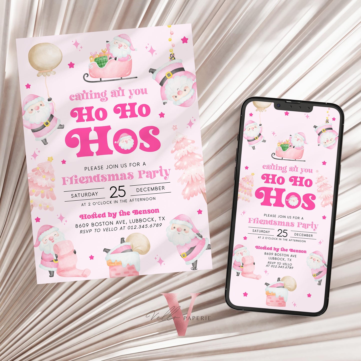 Free EVITE Funny Santa Christmas Party Invitation | Calling All You Ho Ho Ho Pink Santa Invite | Fun Winter Holiday Friendsmas Party CHP01