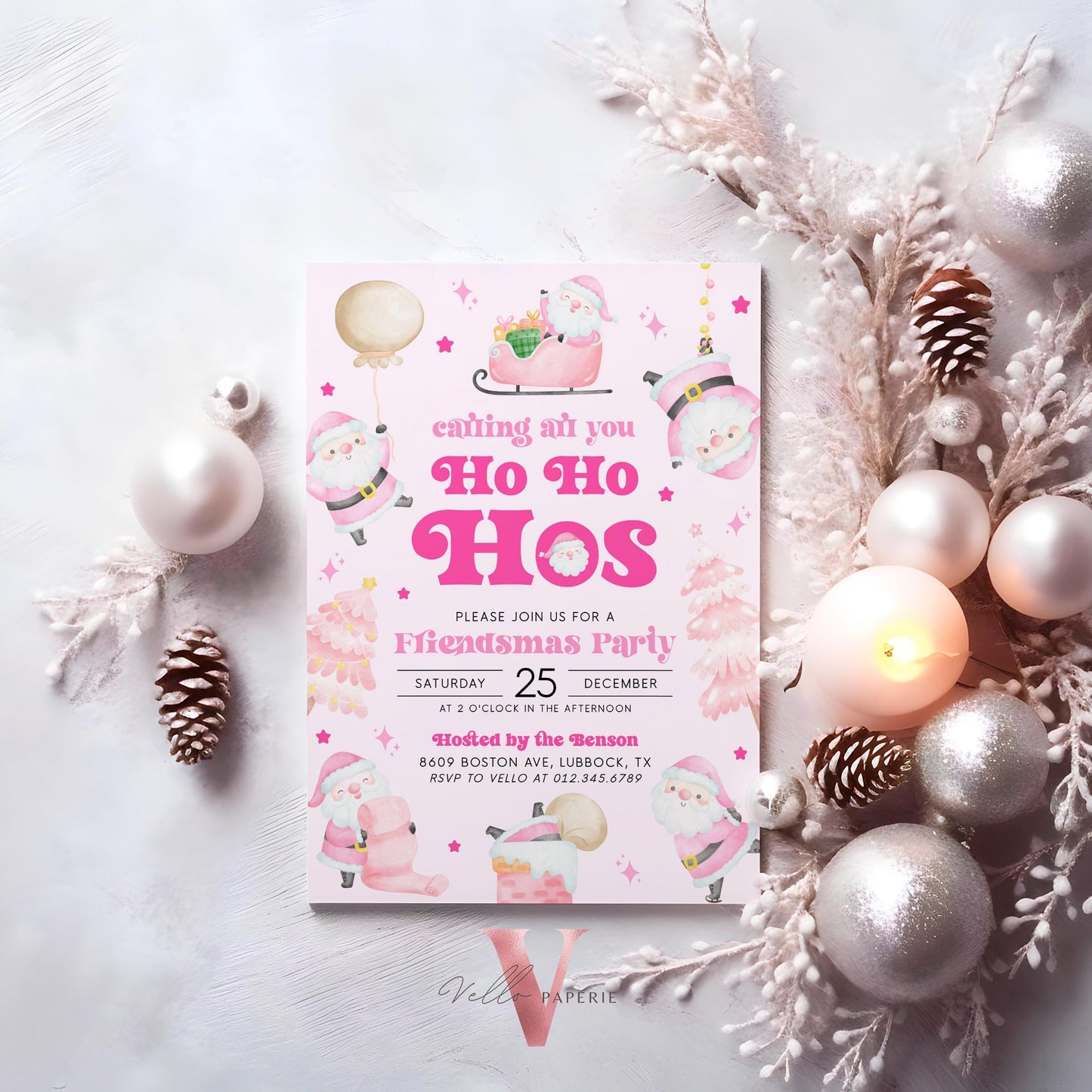 Free EVITE Funny Santa Christmas Party Invitation | Calling All You Ho Ho Ho Pink Santa Invite | Fun Winter Holiday Friendsmas Party CHP01