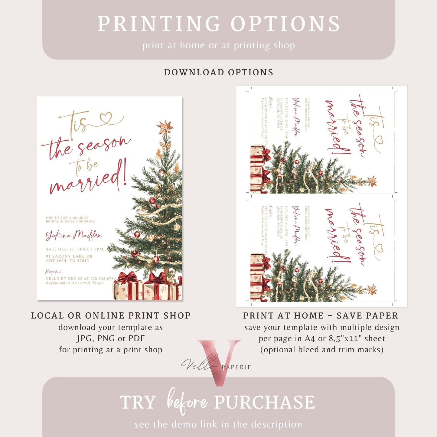 Tis the season to be married Bridal Shower Invitation | Winter Neutral Christmas Tree Bride to Be Invite, Couple Shower Wedding Shower WBD01