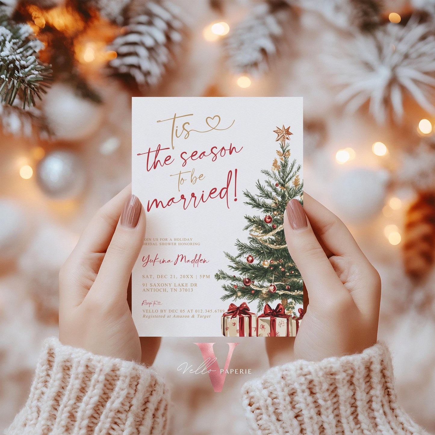 Tis the season to be married Bridal Shower Invitation | Winter Neutral Christmas Tree Bride to Be Invite, Couple Shower Wedding Shower WBD01