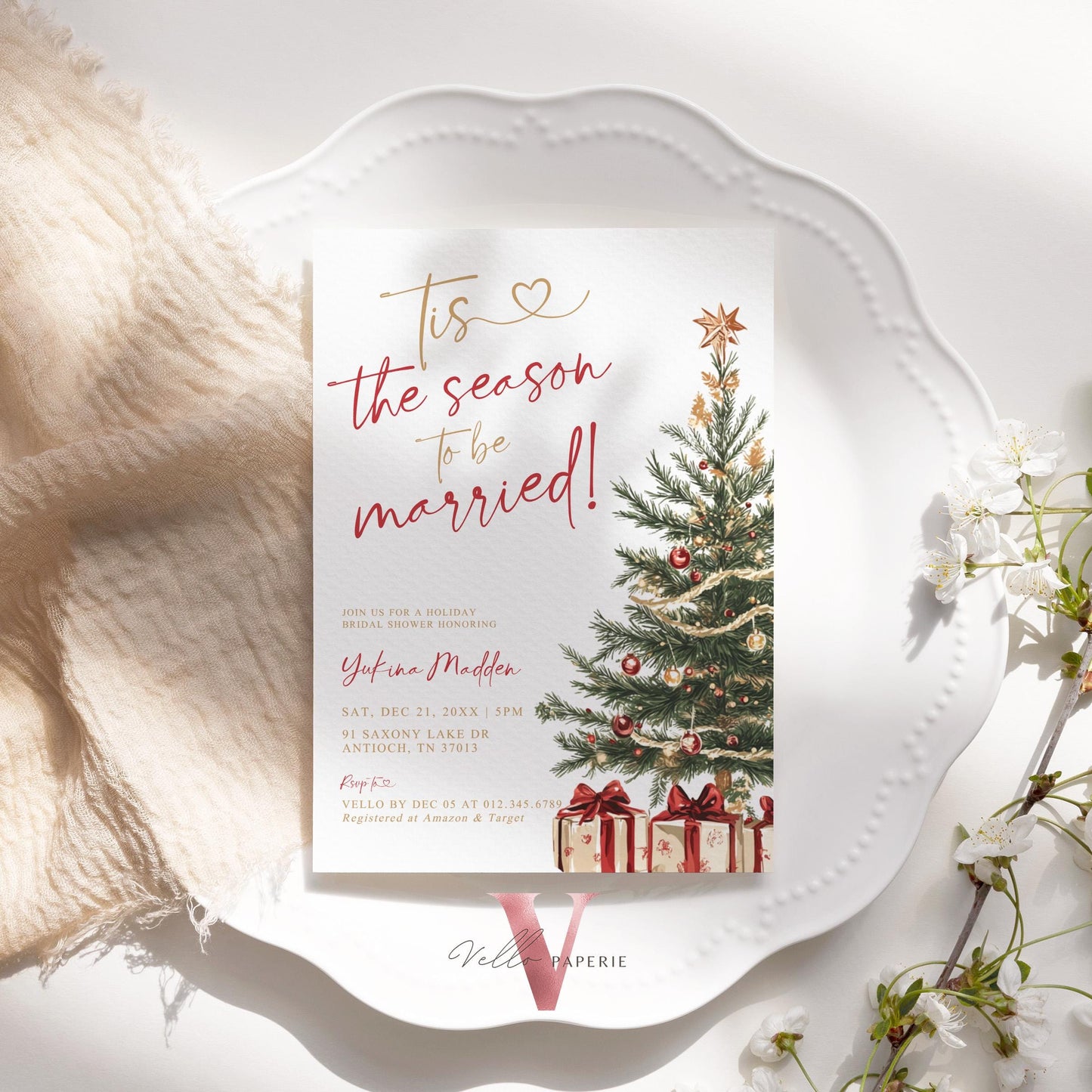 Tis the season to be married Bridal Shower Invitation | Winter Neutral Christmas Tree Bride to Be Invite, Couple Shower Wedding Shower WBD01