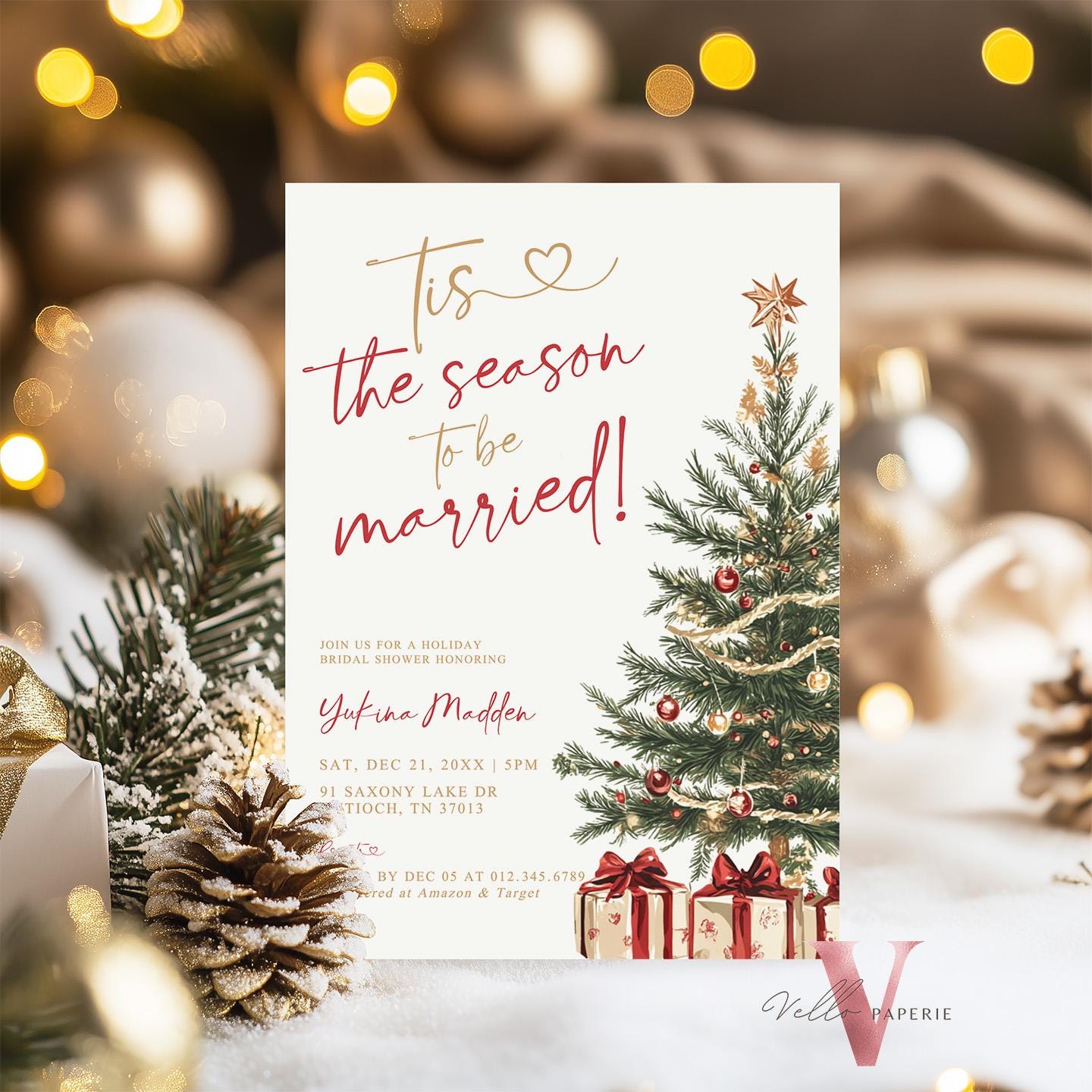 Tis the season to be married Bridal Shower Invitation | Winter Neutral Christmas Tree Bride to Be Invite, Couple Shower Wedding Shower WBD01