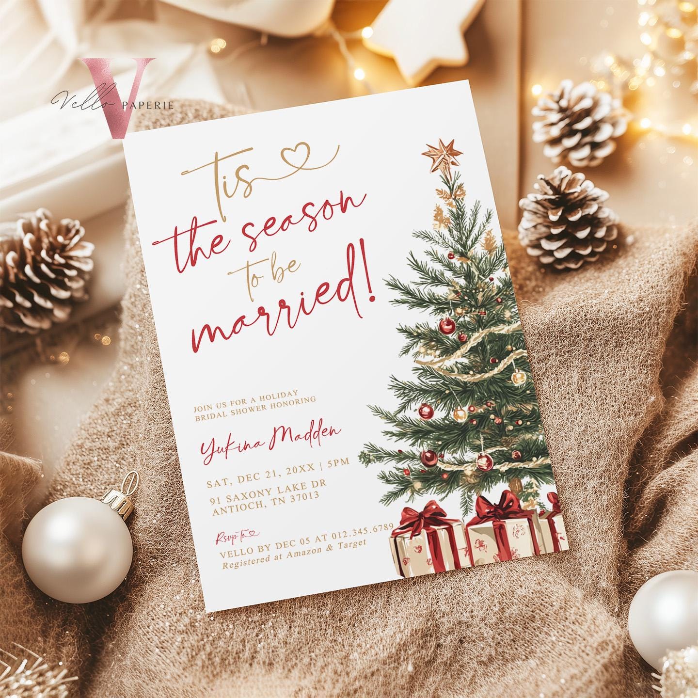 Tis the season to be married Bridal Shower Invitation | Winter Neutral Christmas Tree Bride to Be Invite, Couple Shower Wedding Shower WBD01