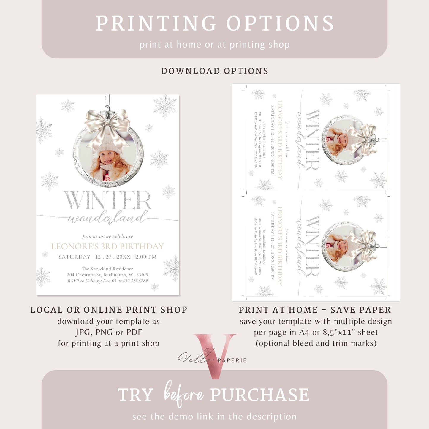 Editable Photo Coquette WINTER Wonderland Invitation | ANY AGE Silver Winter Wonderland Invite | Snowflake Birthday Party Bow Christmas Ball