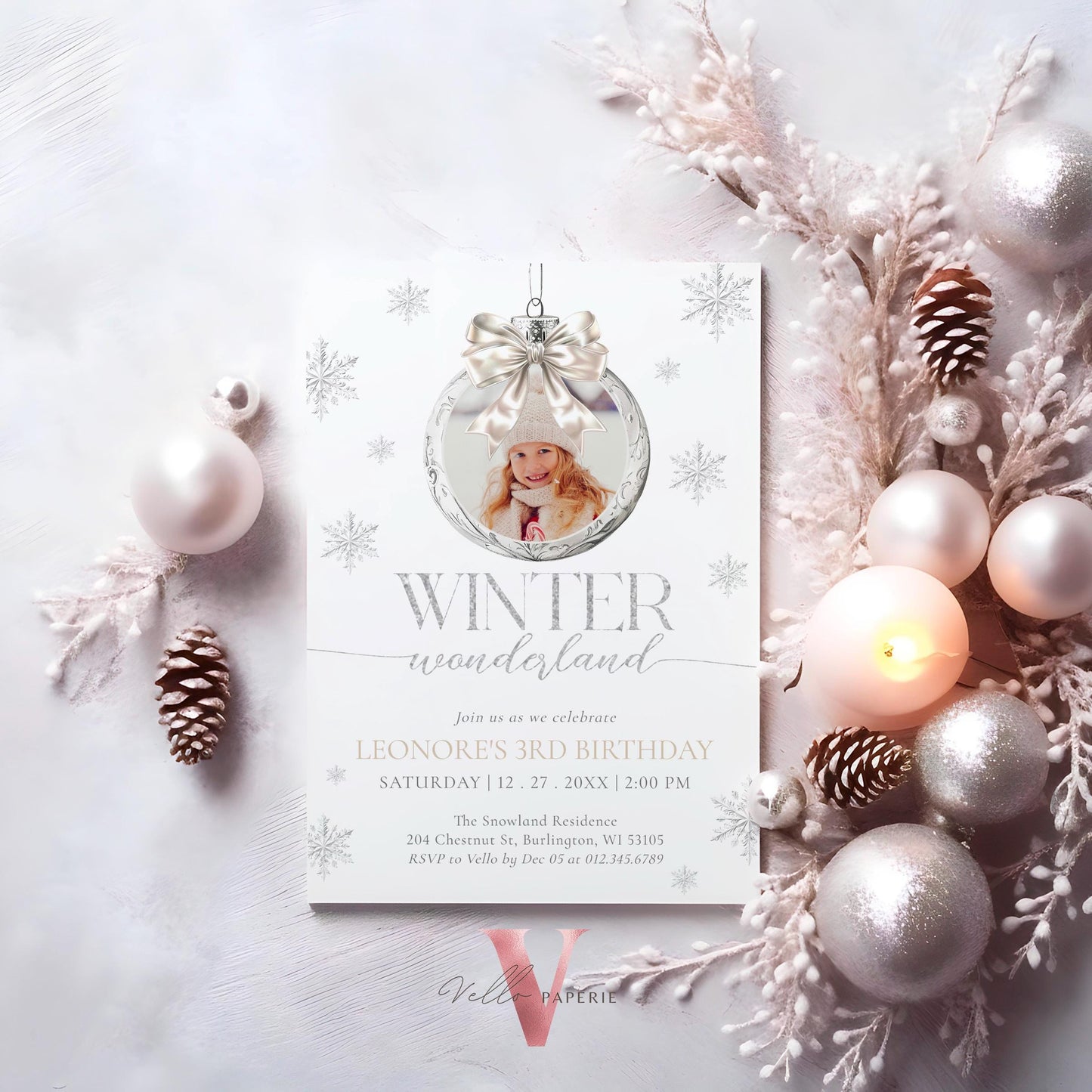 Editable Photo Coquette WINTER Wonderland Invitation | ANY AGE Silver Winter Wonderland Invite | Snowflake Birthday Party Bow Christmas Ball