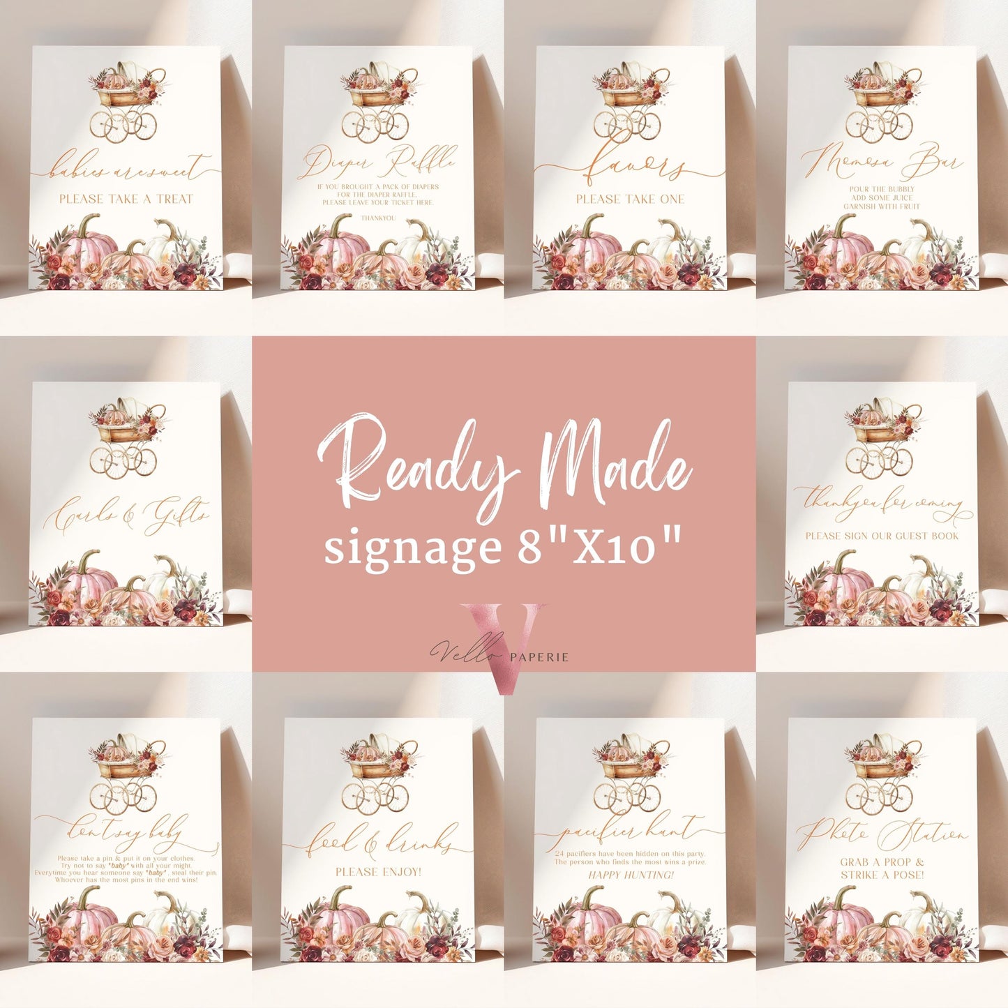 Pumpkin FALL in Love Baby Shower Complete BUNDLE | FullEditable Autumn Floral Pumpkin Set | Baby Shower Invitation Party Decor Favor, FPB02