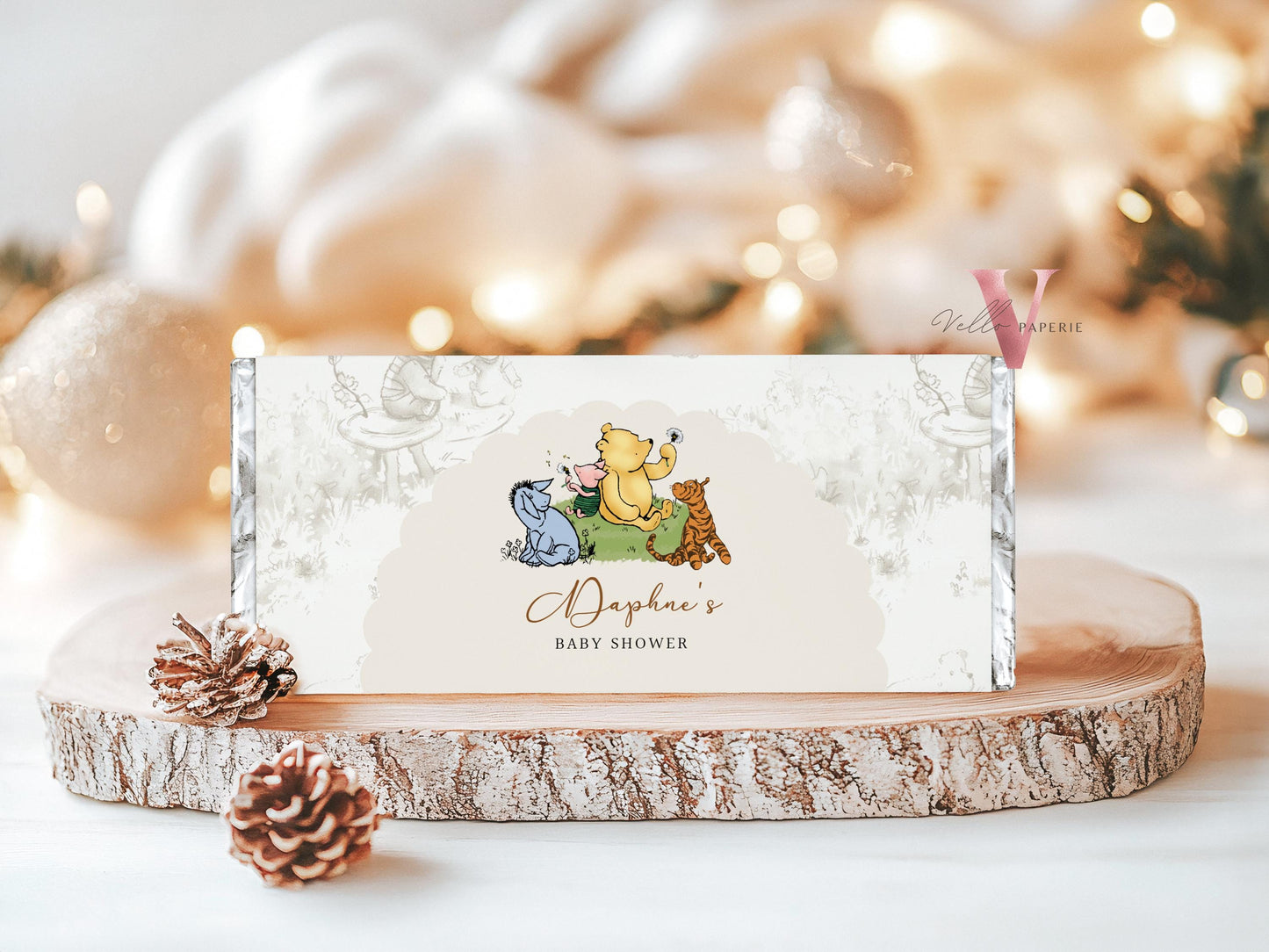 Classic Winnie the Pooh Baby Shower or Birthday Chocolate Wrapper | Editable Printable Beige Toile de Juoy, Little Hunny Party Decor WTP01