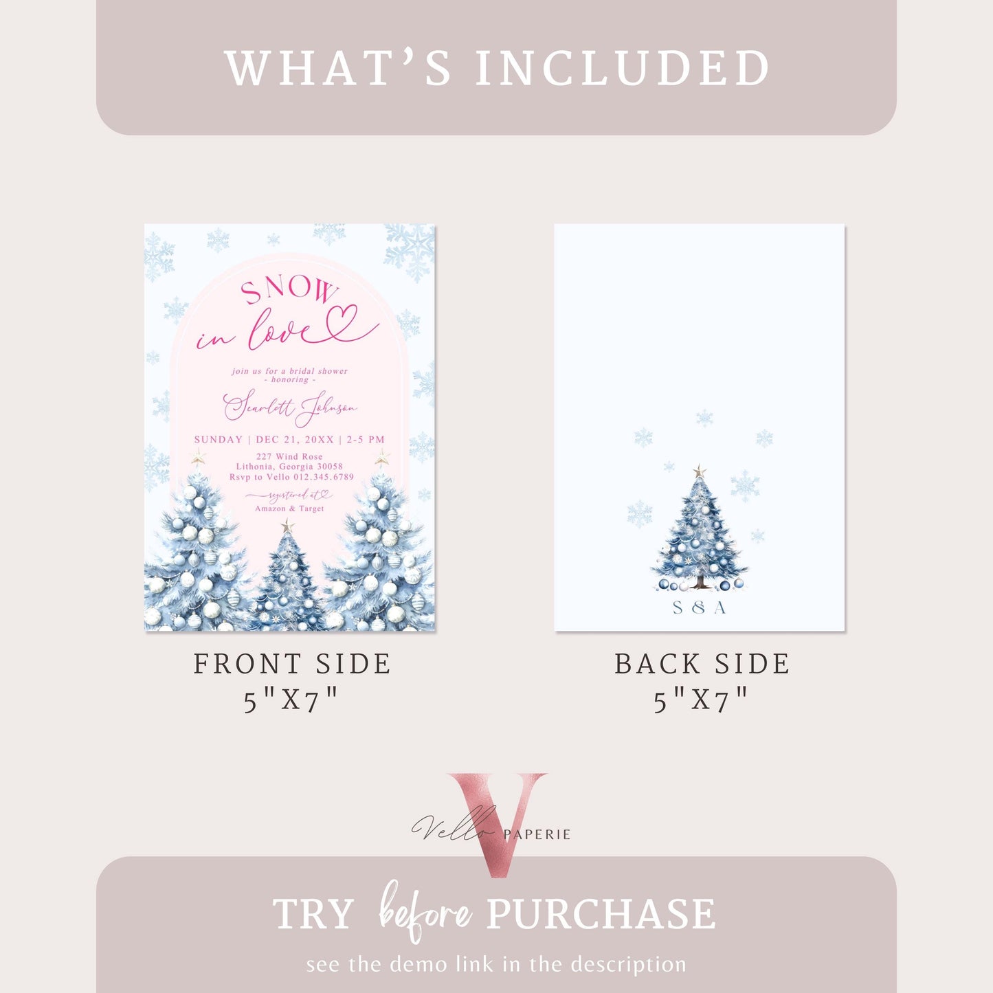 Coquette Blue Pink SNOW in LOVE Bridal Shower Invitation | Winter Snowflakes Christmas Tree Bride to Be, Couple Shower, Wedding Shower WBD01