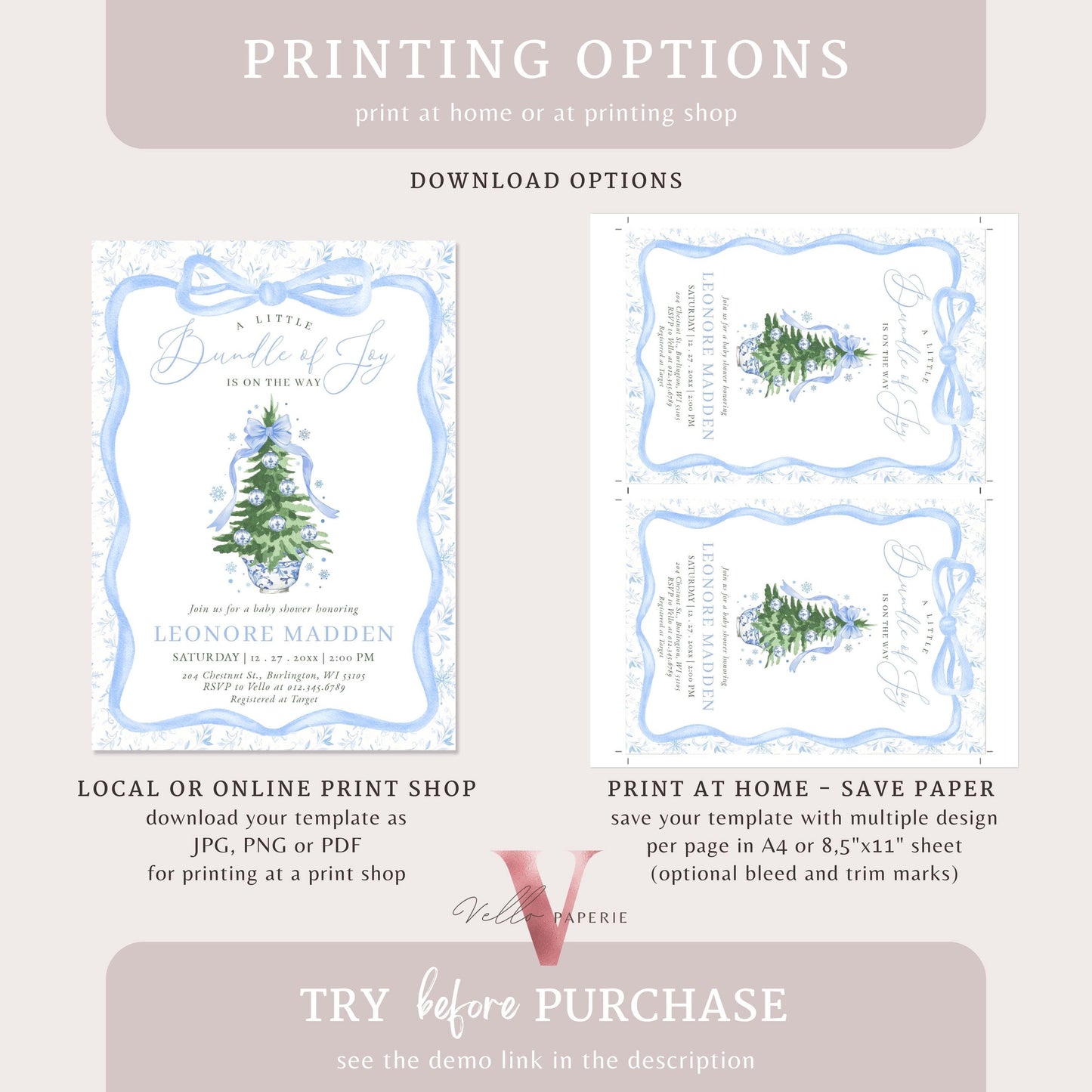 Editable Little Bundle of Joy Christmas Baby Shower Invitation | Blue Christmas Tree Shower Invite | Winter Chinoiserie Christmas Baby WBS01