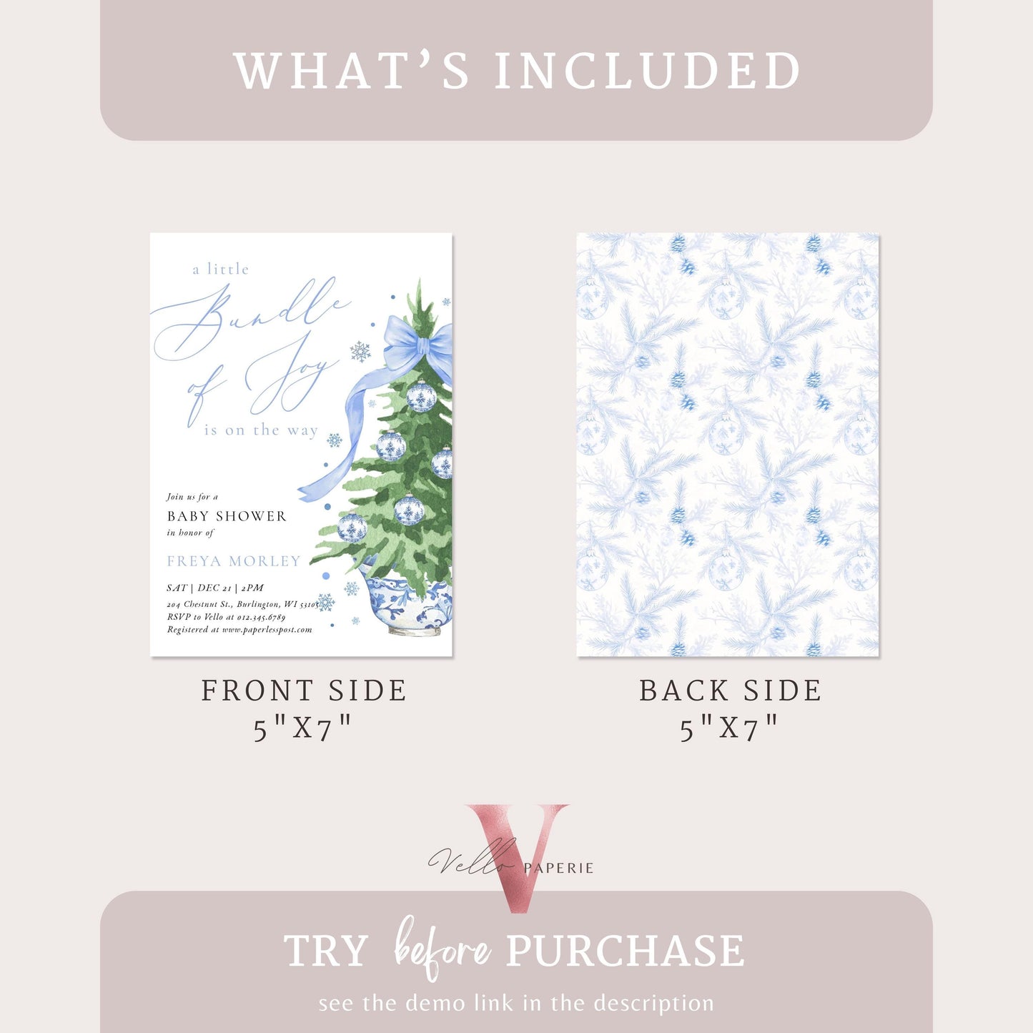 Editable Little Bundle of Joy Christmas Baby Shower Invitation | Winter Chinoiserie Christmas Baby | Blue Christmas Tree Shower Invite WBS01