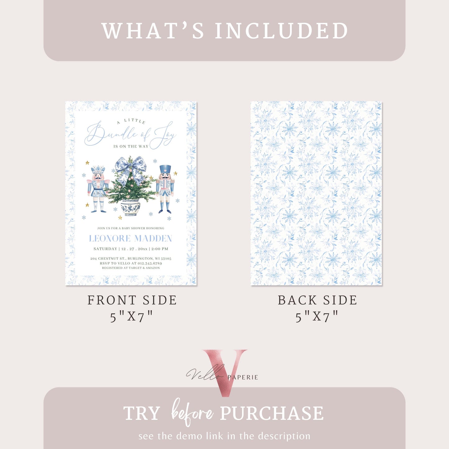 Editable Chinoiserie Christmas Baby Shower Invitation | Winter Toile de Juoy Christmas Baby | Blue Christmas Tree Nutcracker Invite WBS01