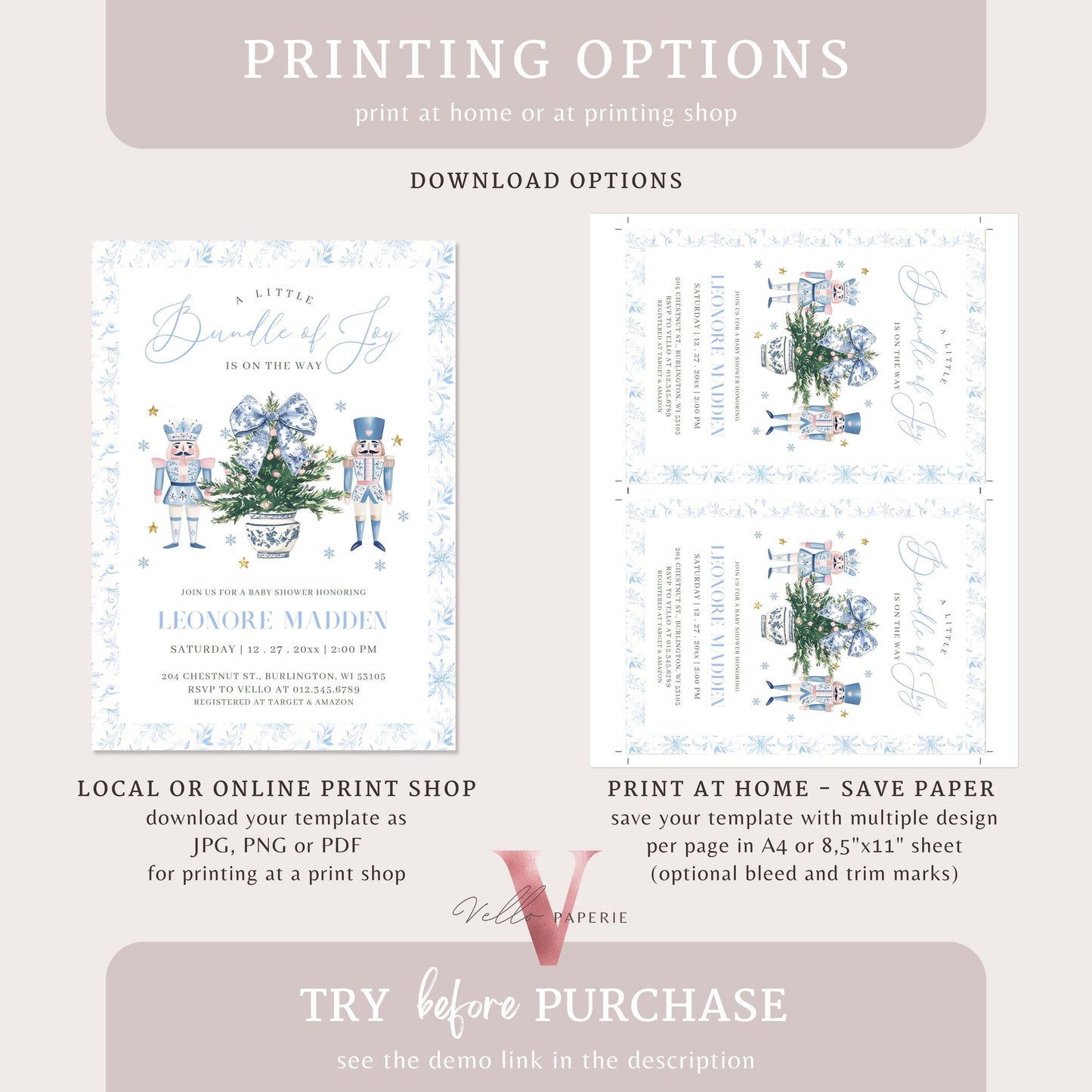 Editable Chinoiserie Christmas Baby Shower Invitation | Winter Toile de Juoy Christmas Baby | Blue Christmas Tree Nutcracker Invite WBS01