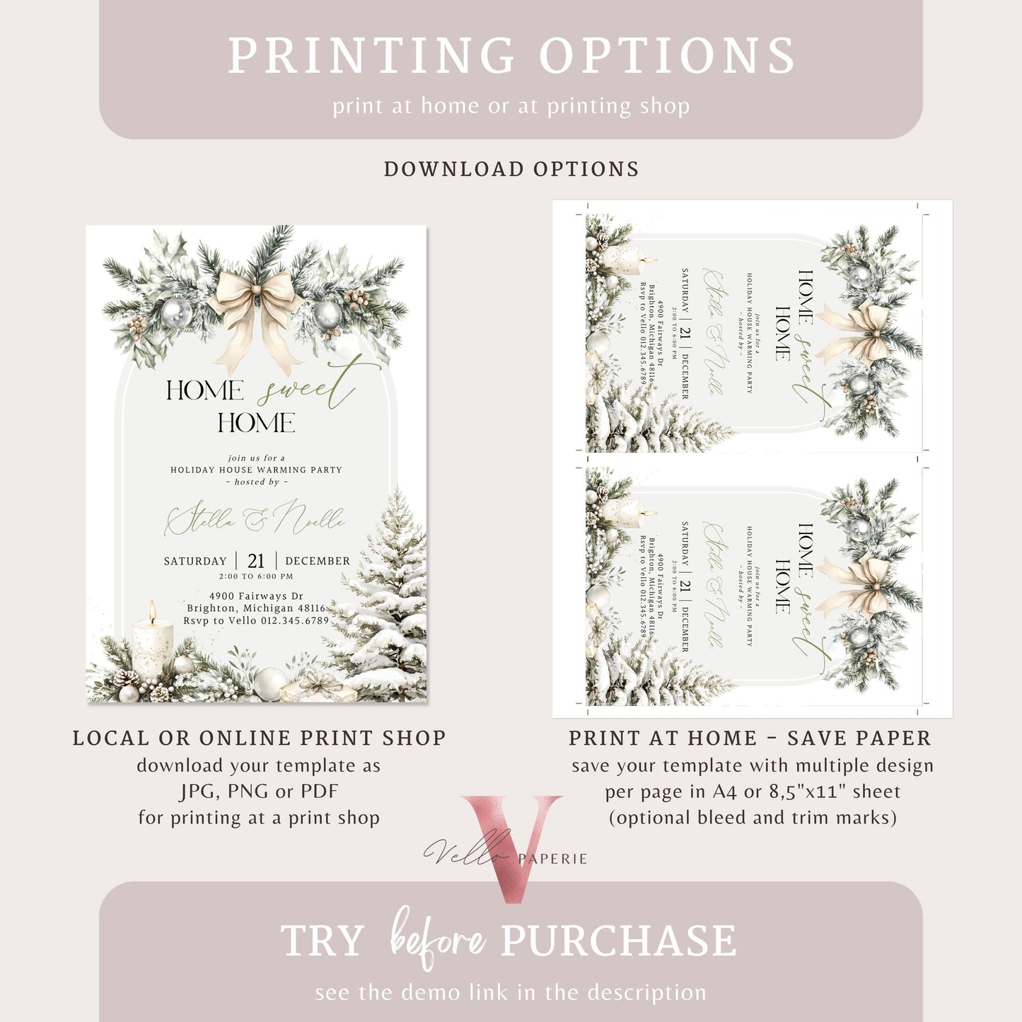 Winter House Warming Invitation | Beige Neutral Home Sweet Home Party Invite | Modern Rustic New House Celebration Christmas Decor WHW01