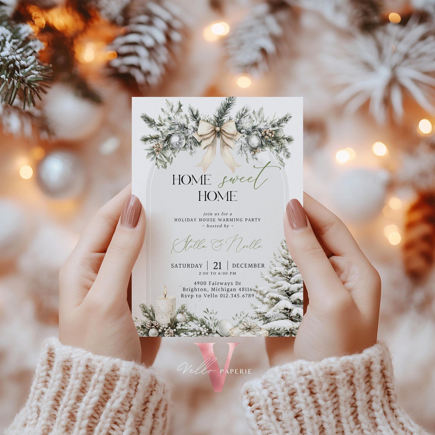 Winter House Warming Invitation | Beige Neutral Home Sweet Home Party Invite | Modern Rustic New House Celebration Christmas Decor WHW01