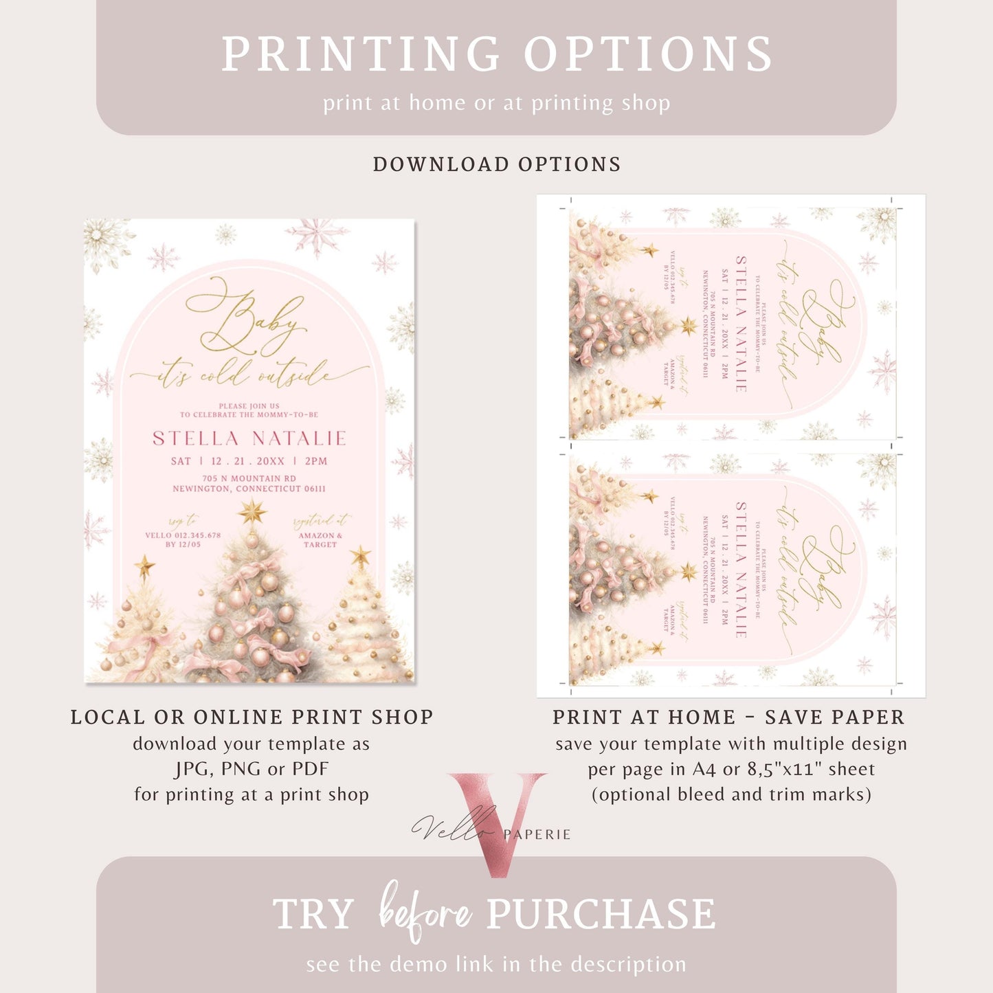 BUNDLE Blush Pink Baby It's Cold Outside Shower Invitation | Winter Snowflakes Baby Invite | Modern Pink Christmas Tree Baby Shower WBS01